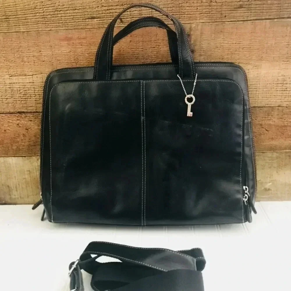 NWOT Fossil Black Leather Briefcase/Laptop Bag